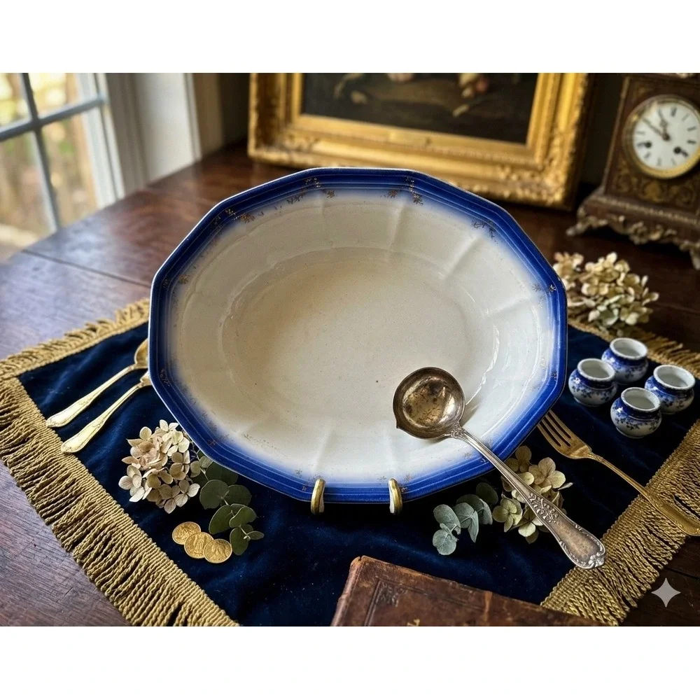 Antique Flow Blue Ironstone Oval‎ Serving Bowl Gold Floral Gilt Scalloped Rim